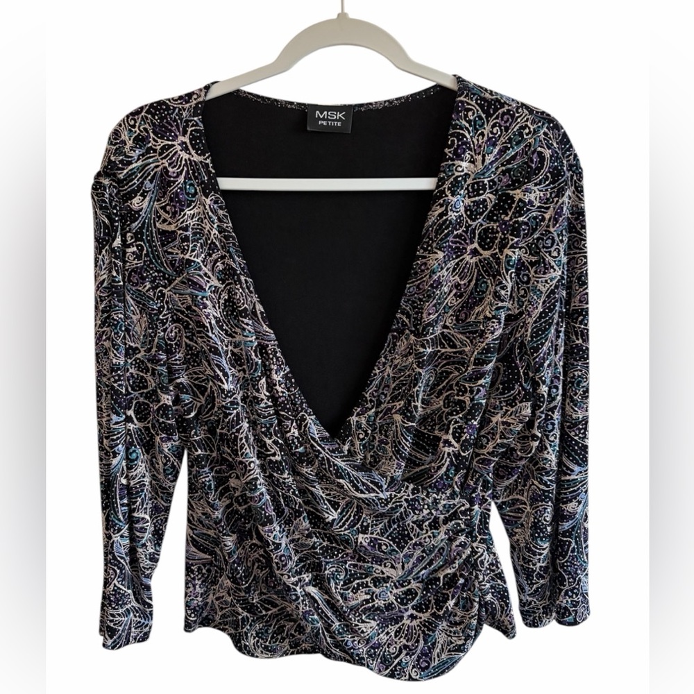 MSK Y2K Club Silver Purple Floral Sequin Shimmer Wrap Blouse One Size Petite
